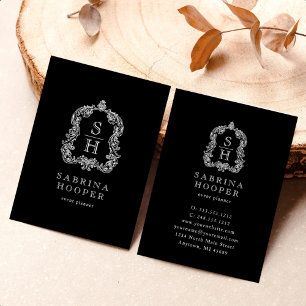 Elegant Monogram Crest Event Planner Black White Business Card