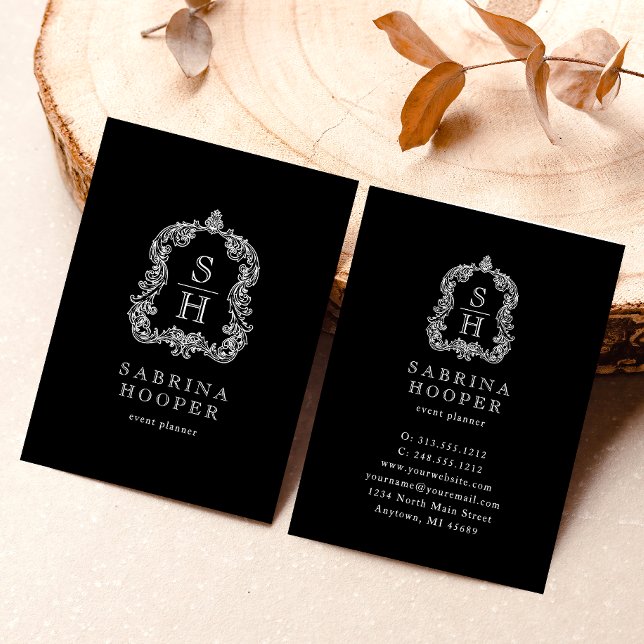 Elegant Monogram Crest Event Planner Black White Business Card (Creator Uploaded)