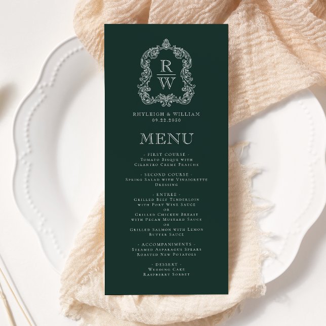 Elegant Monogram Crest Forest Green Wedding Menu (Creator Uploaded)