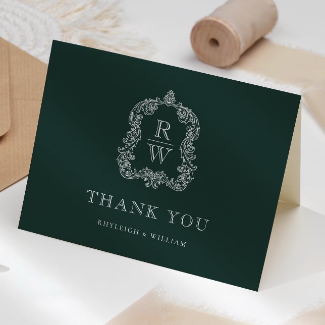 Elegant Monogram Crest Forest Green Wedding Thank You Card (Creator Uploaded)