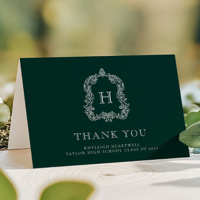 Elegant Monogram Crest Green White Graduation Thank You Card (Creator Uploaded)