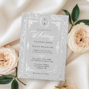 Elegant Monogram Crest Grey Silver Frame Wedding