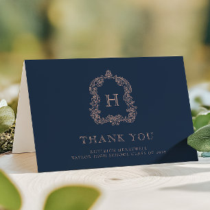 Elegant Monogram Crest Navy Blue Rose Graduation Thank You Card