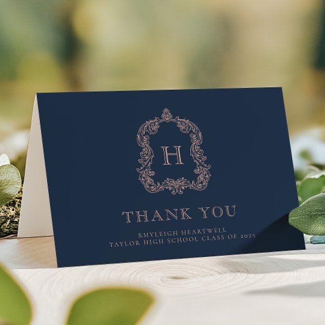 Elegant Monogram Crest Navy Blue Rose Graduation Thank You Card (Creator Uploaded)