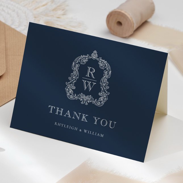 Elegant Monogram Crest Navy Blue Wedding Thank You Card (Creator Uploaded)