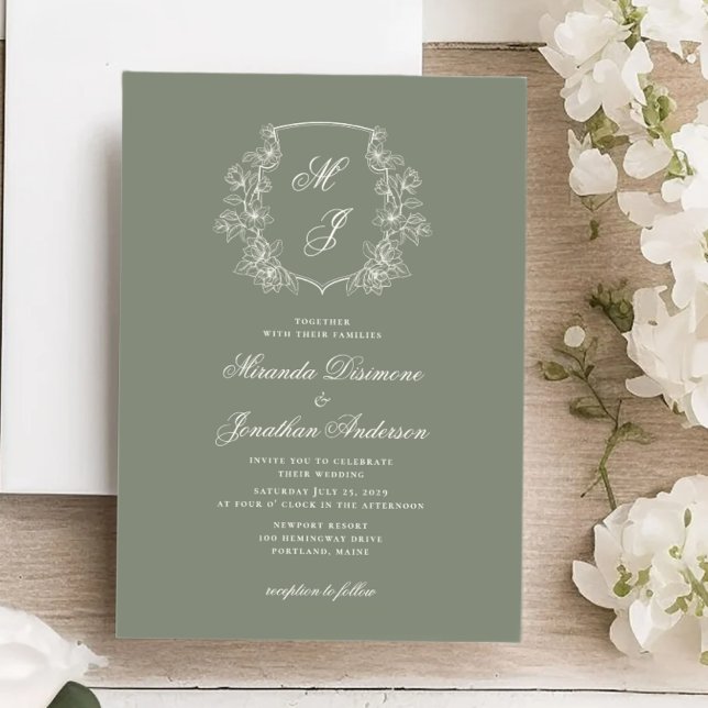 Elegant Monogram Crest Sage Green Wedding Invitation (Creator Uploaded)