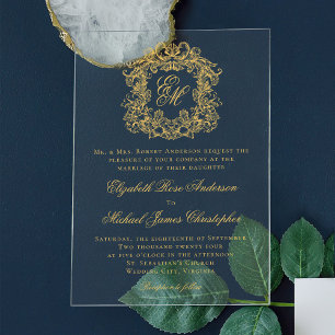 Elegant Monogram Crest Script Wedding Faux Gold Acrylic Invitations
