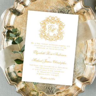 Elegant Monogram Crest Script Wedding Faux Gold Invitation