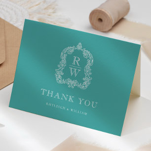 Elegant Monogram Crest Turquoise Wedding Thank You Card