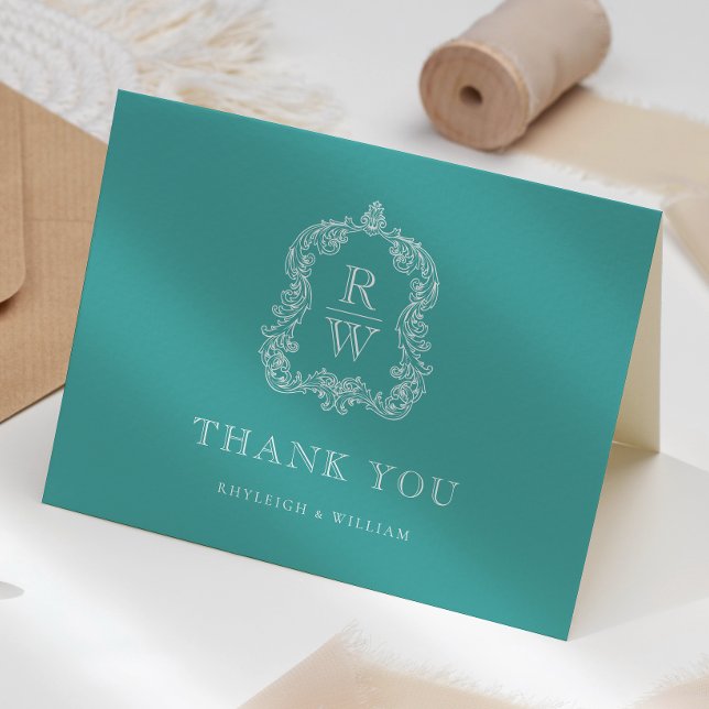 Elegant Monogram Crest Turquoise Wedding Thank You Card (Creator Uploaded)