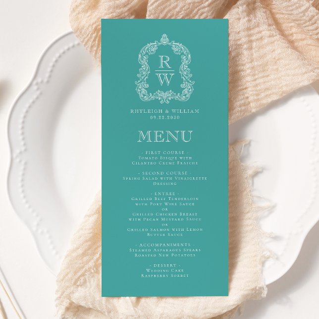 Elegant Monogram Crest Turquoise White Wedding Menu (Creator Uploaded)
