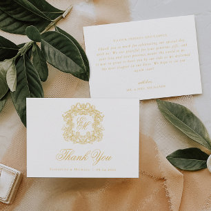 Elegant Monogram Crest Vintage Wedding Gold Thank You Card