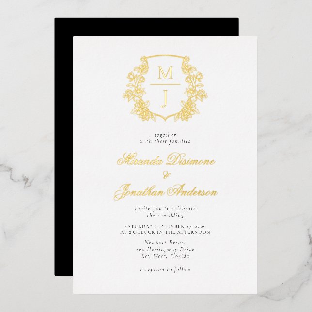 Elegant Monogram Crest Wedding Gold  Foil Invitati (Front/Back)