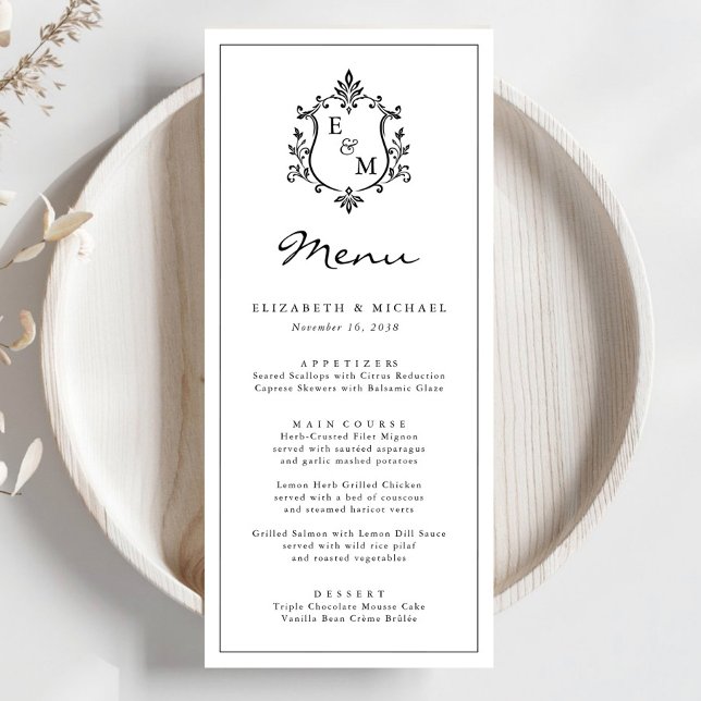 Elegant Monogram Crest Wedding Menu (Elegant Monogram Crest Wedding Menu)