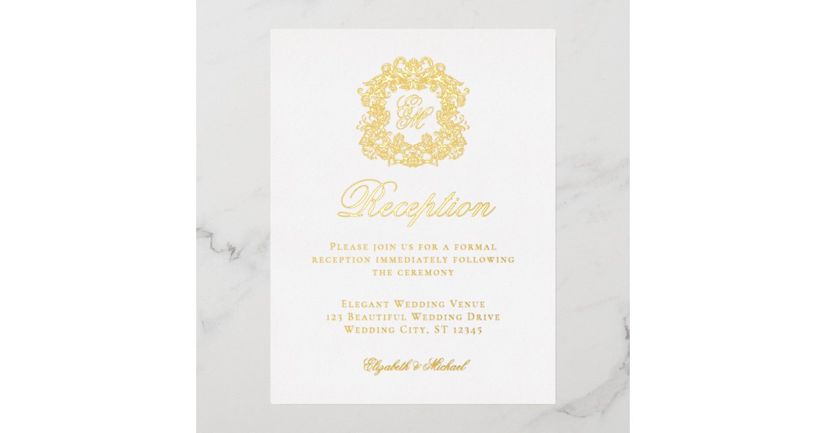 Elegant Monogram Crest Wedding Reception Foil Card Zazzle