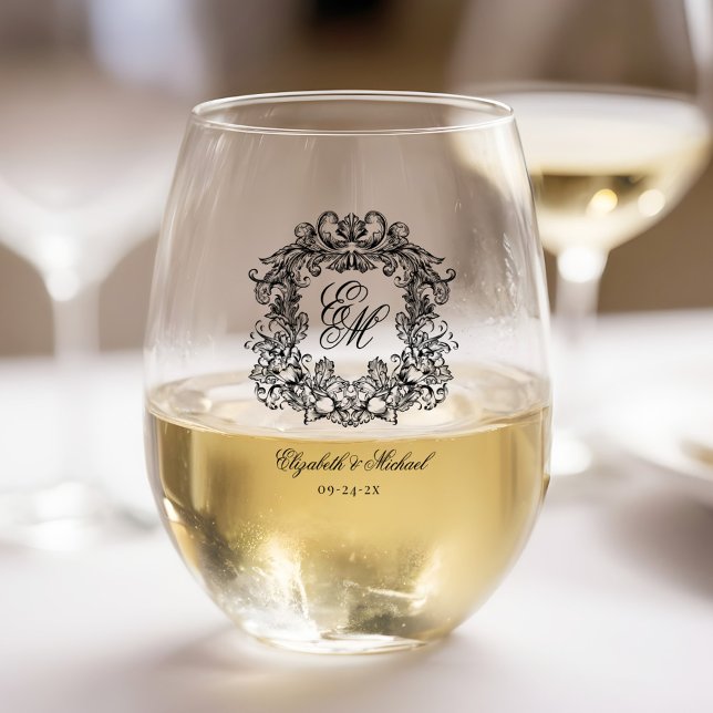 Elegant Monogram Crest Wedding Stemless Wine Glass (Creator Uploaded)
