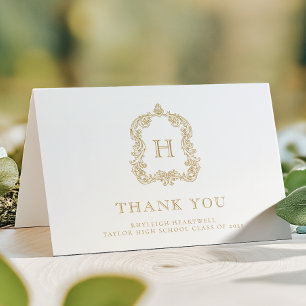 Elegant Monogram Crest White Gold Graduation Thank You Card