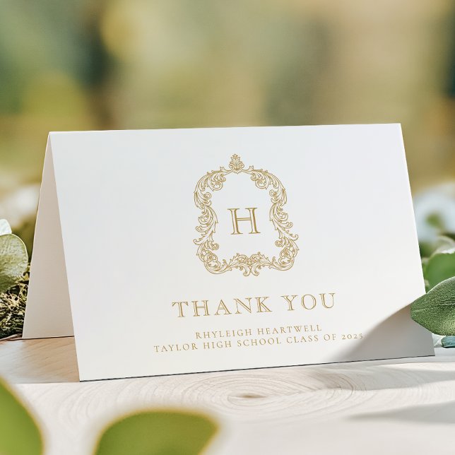 Elegant Monogram Crest White Gold Graduation Thank You Card (Creator Uploaded)