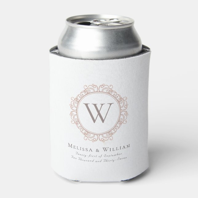 Elegant Monogram Crest White Wedding Can Cooler (Can Front)