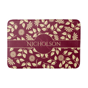 Elegant Monogram Custom Name Leaf Daisy Burgundy Bath Mat