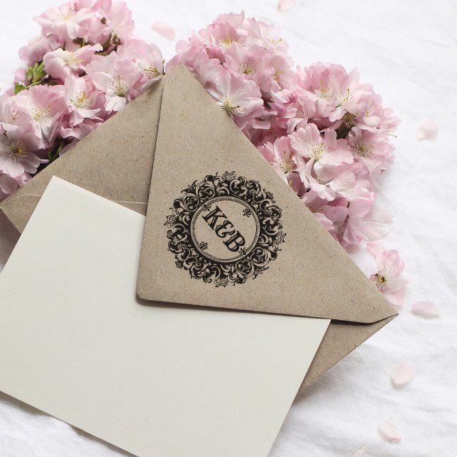 Elegant Monogram Custom Round Wedding Rubber Stamp (elegant monogram stamp with initials)