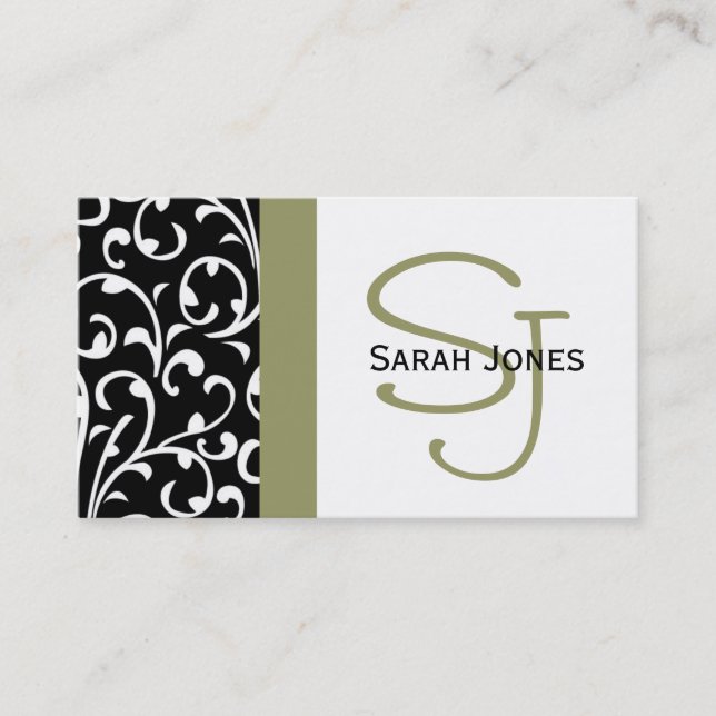 Elegant Monogram Damask Business Card (Front)