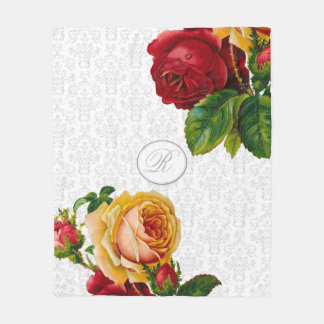 Elegant Monogram Damask Floral Fleece Blanket