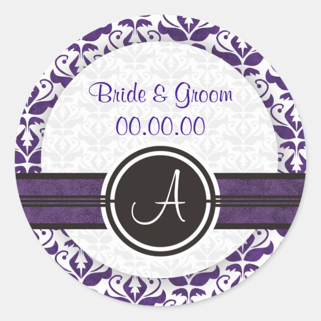 Elegant Monogram Damask Save The Date Stickers (Front)