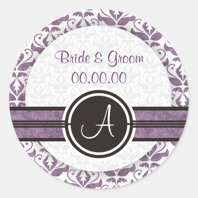 Elegant Monogram Damask Save The Date Stickers (Front)