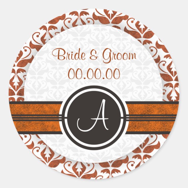 Elegant Monogram Damask Save The Date Stickers (Front)