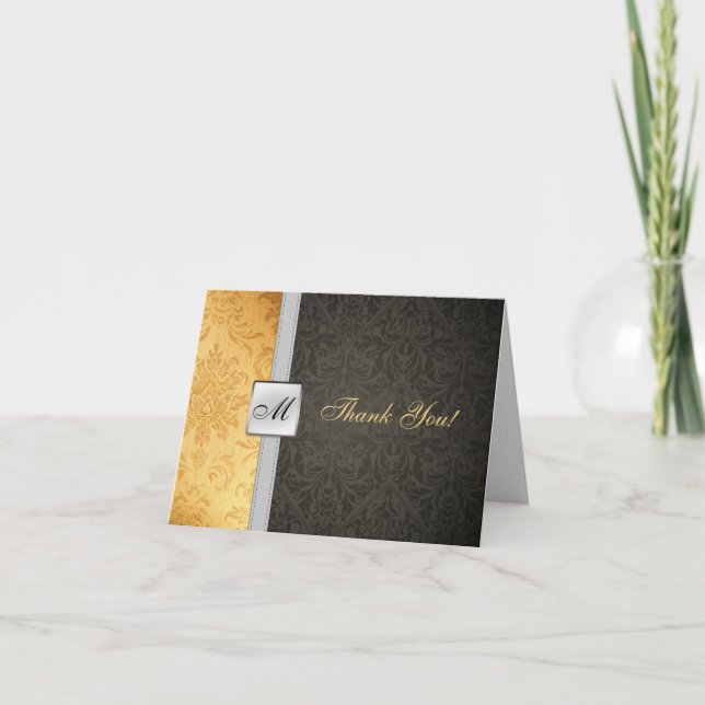 Elegant Monogram Damask Thank You Card (Front)
