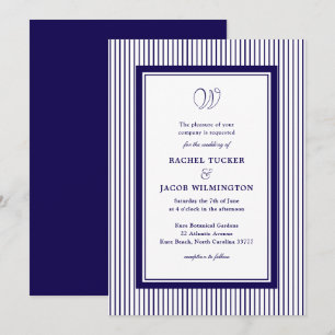 Elegant Monogram Dark Blue Striped Wedding Invitation
