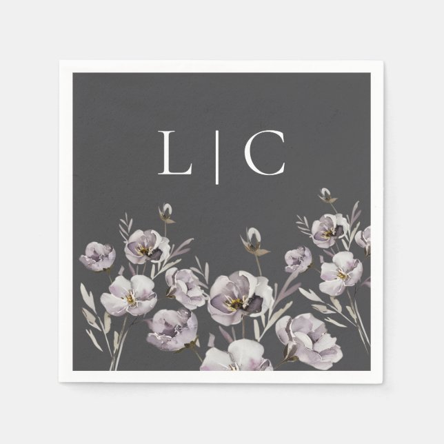 Elegant monogram dark grey watercolor flower napkin (Front)
