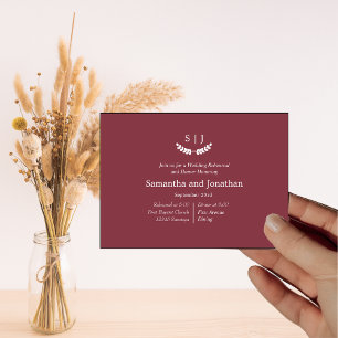 Elegant Monogram Dark Red Jewel Tone Rehearsal Invitation