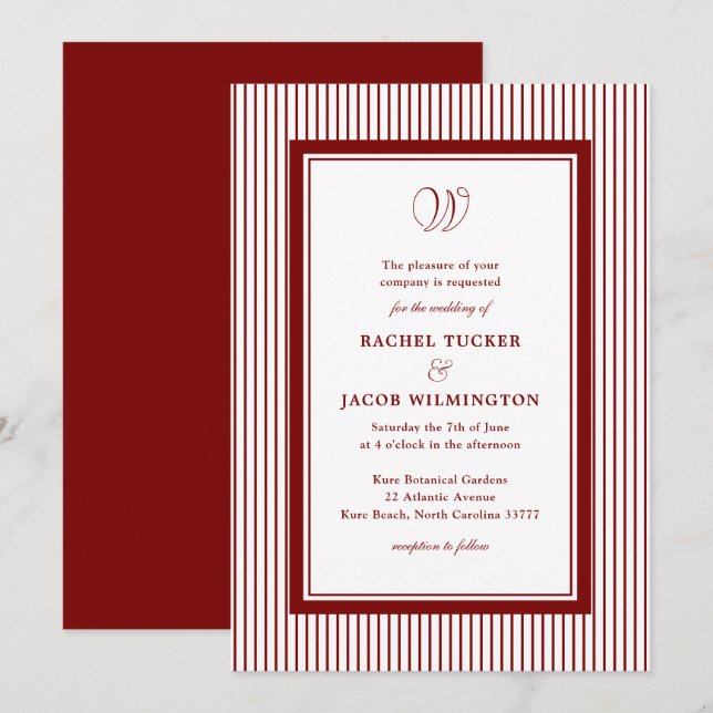 Elegant Monogram Dark Red Striped Wedding Invitation (Front/Back)