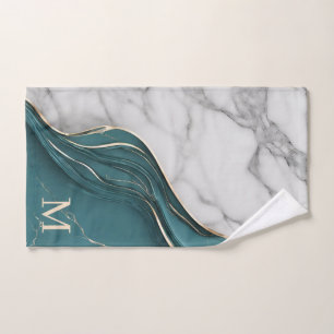 Elegant Monogram Dark Teal Gold Marble Hand Towel
