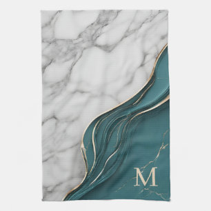 Elegant Monogram Dark Teal Gold Marble Tea Towel