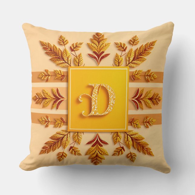 Elegant Monogram Designs with Gold Leaves Cushion (Front)