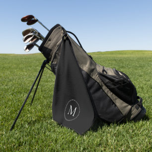 Elegant Monogram Dotted Border Black Golf Towel