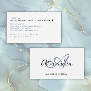 Elegant Monogram Dusty Blue Black Script Name Business Card