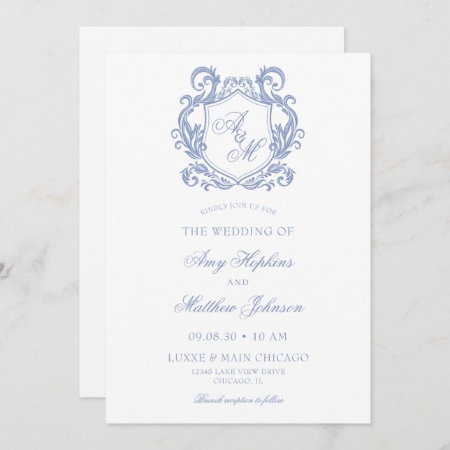 Elegant Monogram Dusty Blue Crest Wedding Invitation (Front/Back)