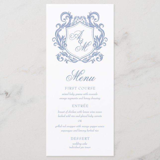 Elegant Monogram Dusty Blue Crest Wedding Menu (Front)