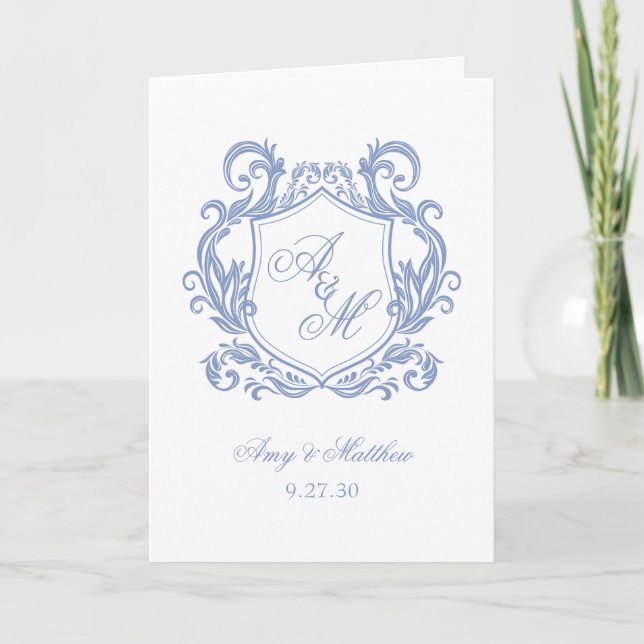 Elegant Monogram Dusty Blue Crest Wedding Program (Front)