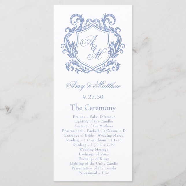 Elegant Monogram Dusty Blue Crest Wedding Program (Front)