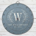 Elegant Monogram Dusty Blue Family Name Dartboard<br><div class="desc">This blue and white dart board is decorated with a laurel leaf monogram and your name and wedding date. A fun addition to your home decor. Makes a great gift for weddings and anniversaries. Personalize it with your Initial,  name and wedding date. Designed for you by Blackberry Boulevard.</div>