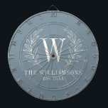 Elegant Monogram Dusty Blue Family Name Dartboard<br><div class="desc">This blue and white dart board is decorated with a laurel leaf monogram and your name and wedding date. A fun addition to your home decor. Makes a great gift for weddings and anniversaries. Personalize it with your Initial,  name and wedding date. Designed for you by Blackberry Boulevard.</div>
