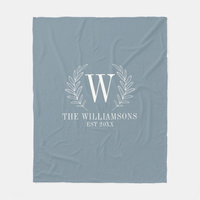 Elegant Monogram Dusty Blue Family Name Fleece Blanket (Front)