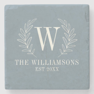 Elegant Monogram Dusty Blue Family Name Stone Coaster