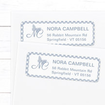 Elegant Monogram Dusty Blue Gingham Return Address