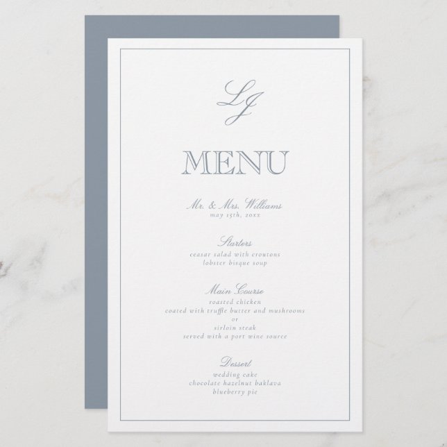 Elegant Monogram Dusty Blue Script Wedding Menu (Front/Back)